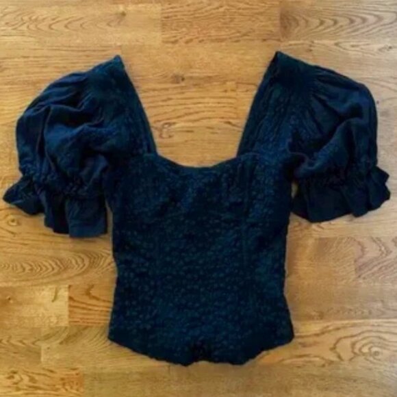 Free People Tops - free people spring fling black blouse peasant puff sleeve sweetheart neck lace